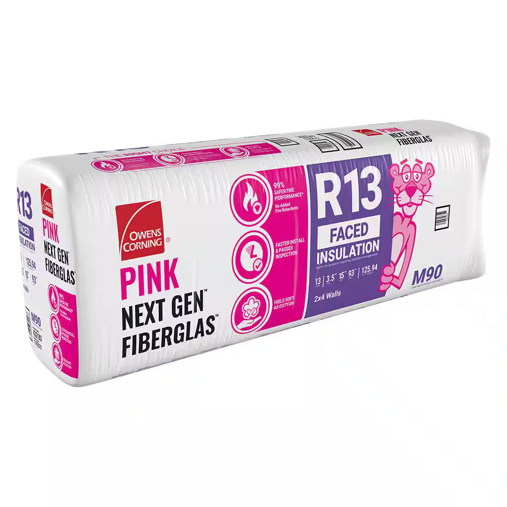 A package of Owens Corning OWENS CORNING R13 15 in. x 93 in. Kraft Faced Fiberglass Insulation Batt 126SQ FT, featuring the pink panther mascot and product details in pink, white, and purple.